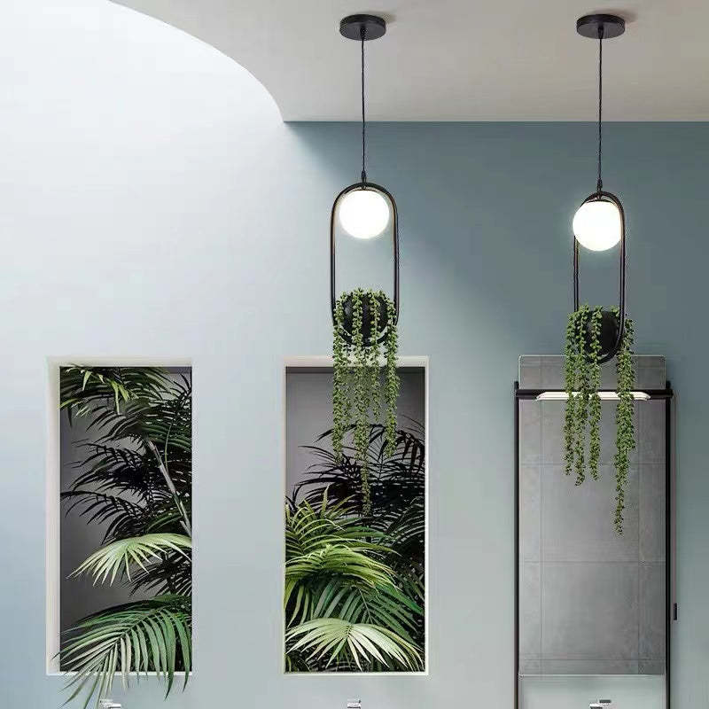 Nest Plant Pot Ball Pendant Light, Metal & Glass, D12cm | With or Without Faux Plant