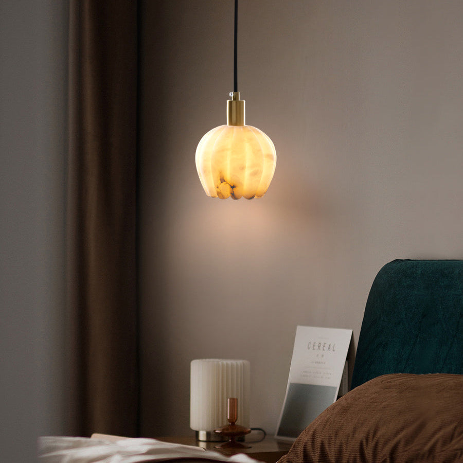 Elegant Alabaster Pendant Light with Patinated Brass Accents | Unique Floral Design for Stylish Interiors 8