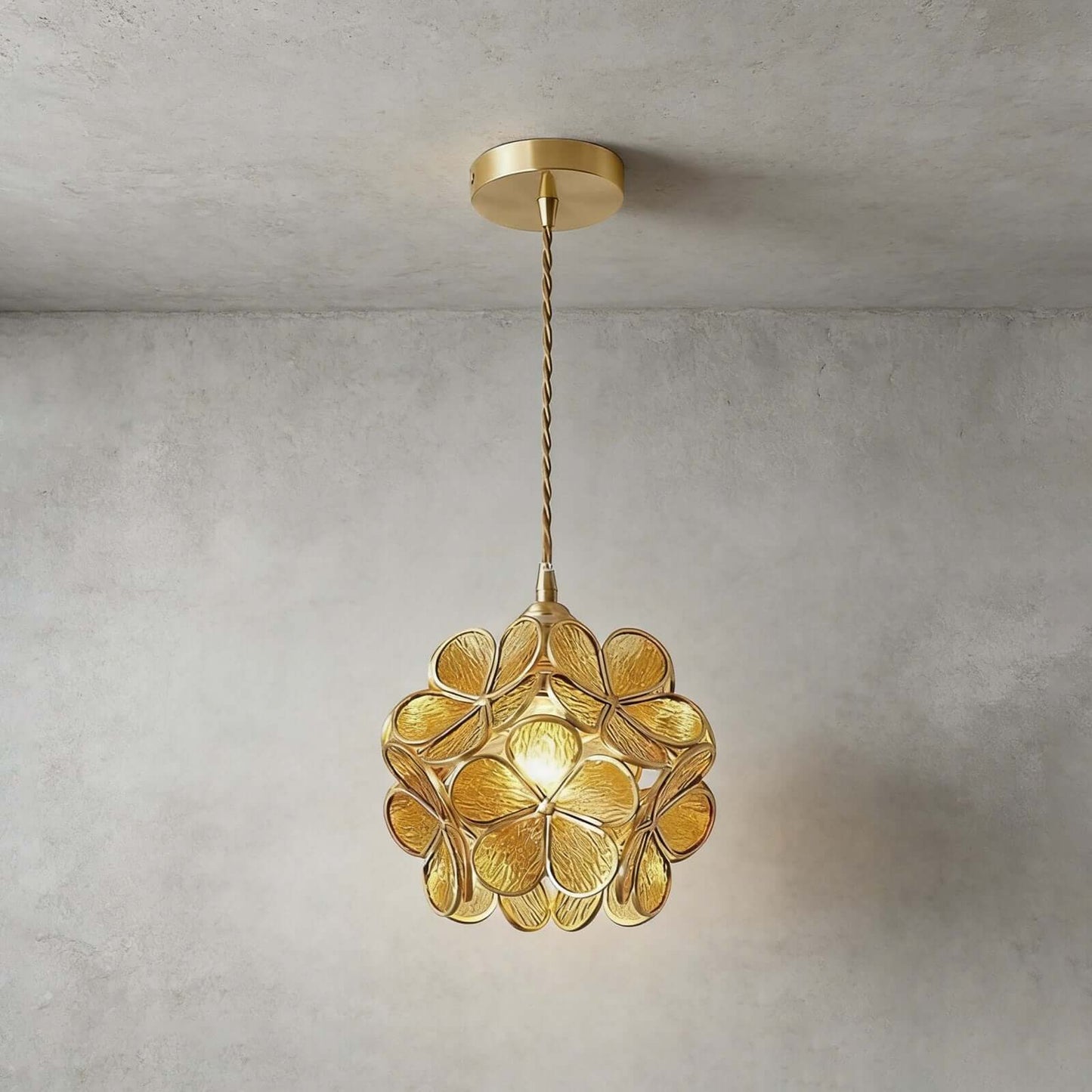 Elegant Glass Petal Pendant Light with Brass Accents | Vintage Floral Design for Warm Ambiance 13