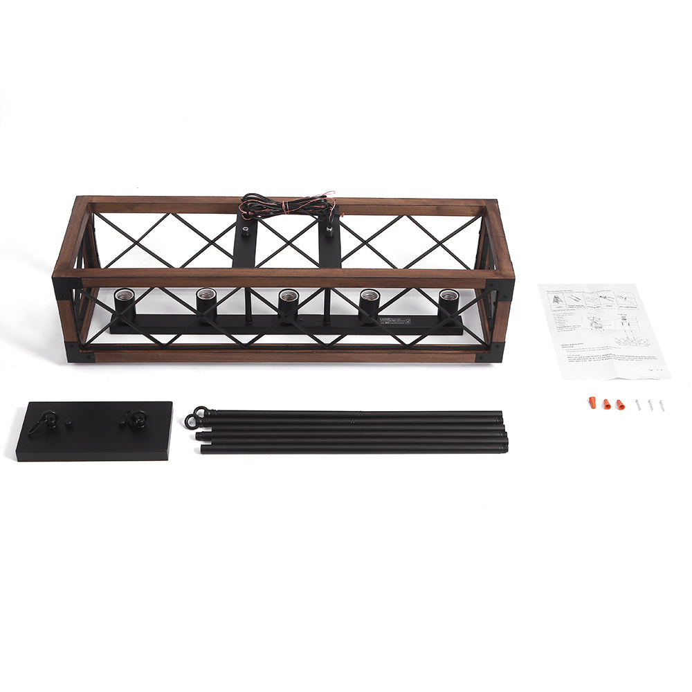 5-Light Black Rectangular Wood Cage Chandelier
