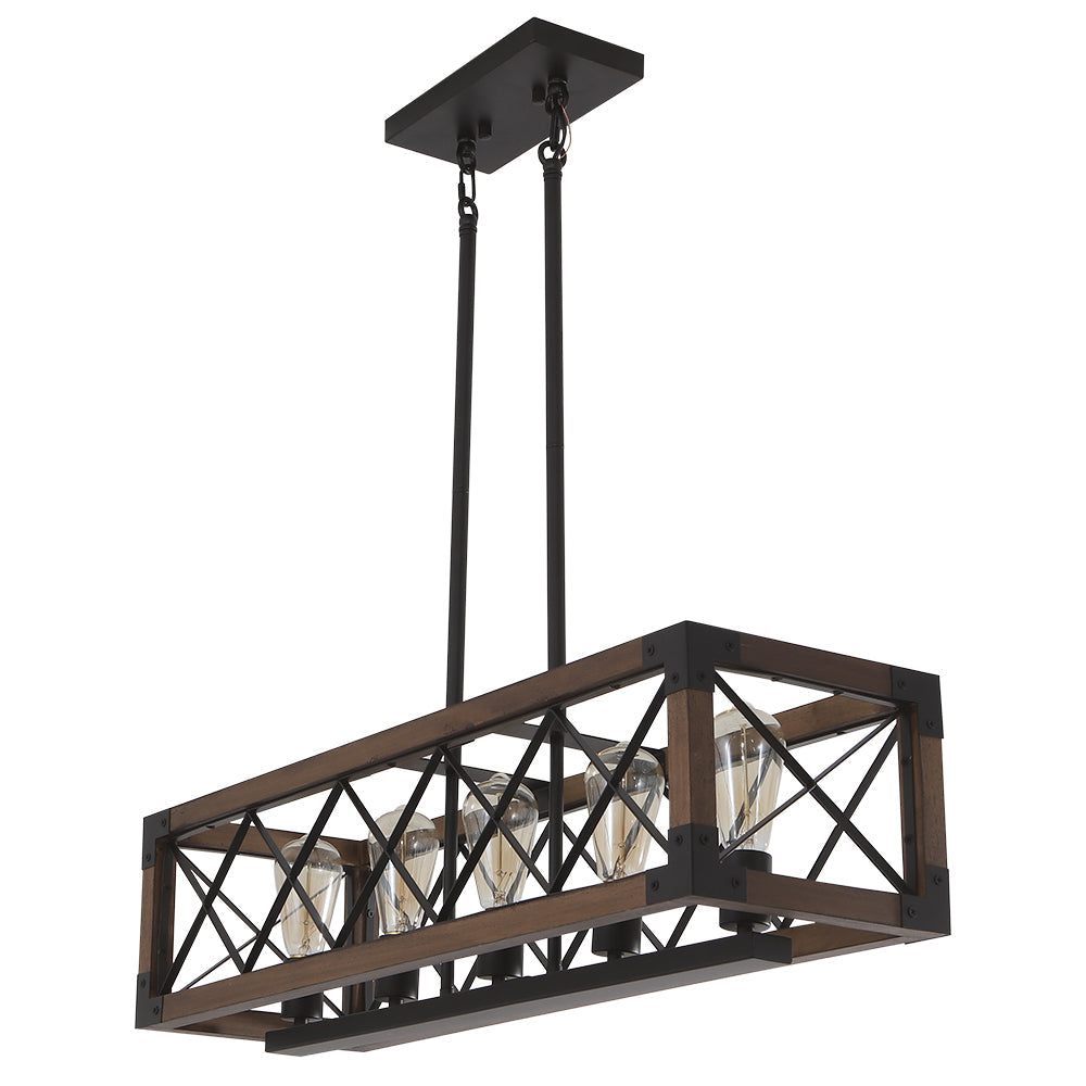 5-Light Black Rectangular Wood Cage Chandelier