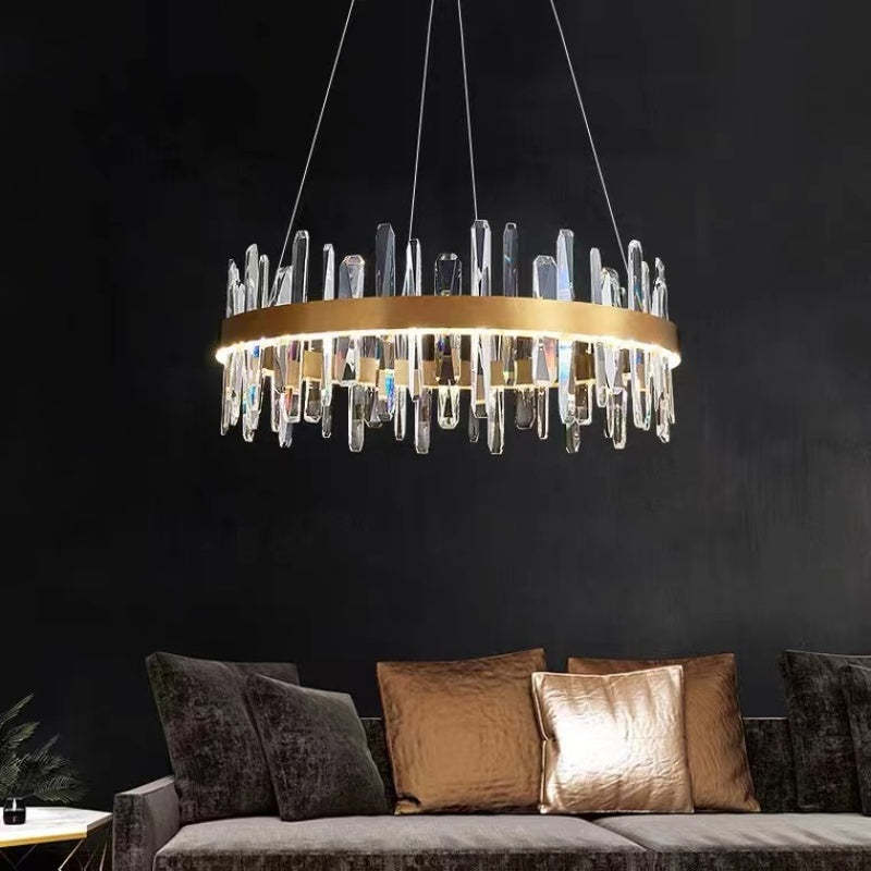Modern Crystal Chandelier Light with Adjustable Height & LED Strip | Elegant Lighting for Dining Room and Bedroom
