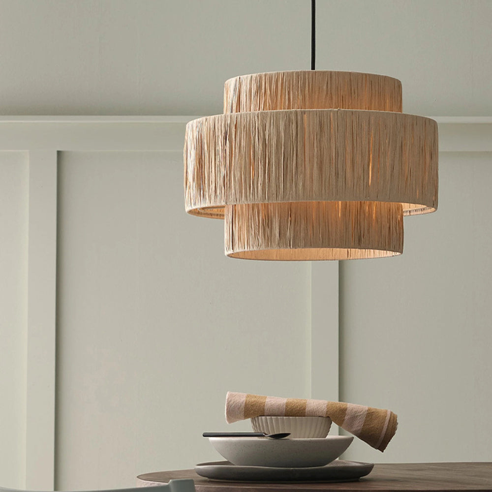 Muto Rattan Pendant Light, Metal & Rattan Double Drum, Dia16-60cm | Adjustable Cord | E27 Warm White Bulb Included