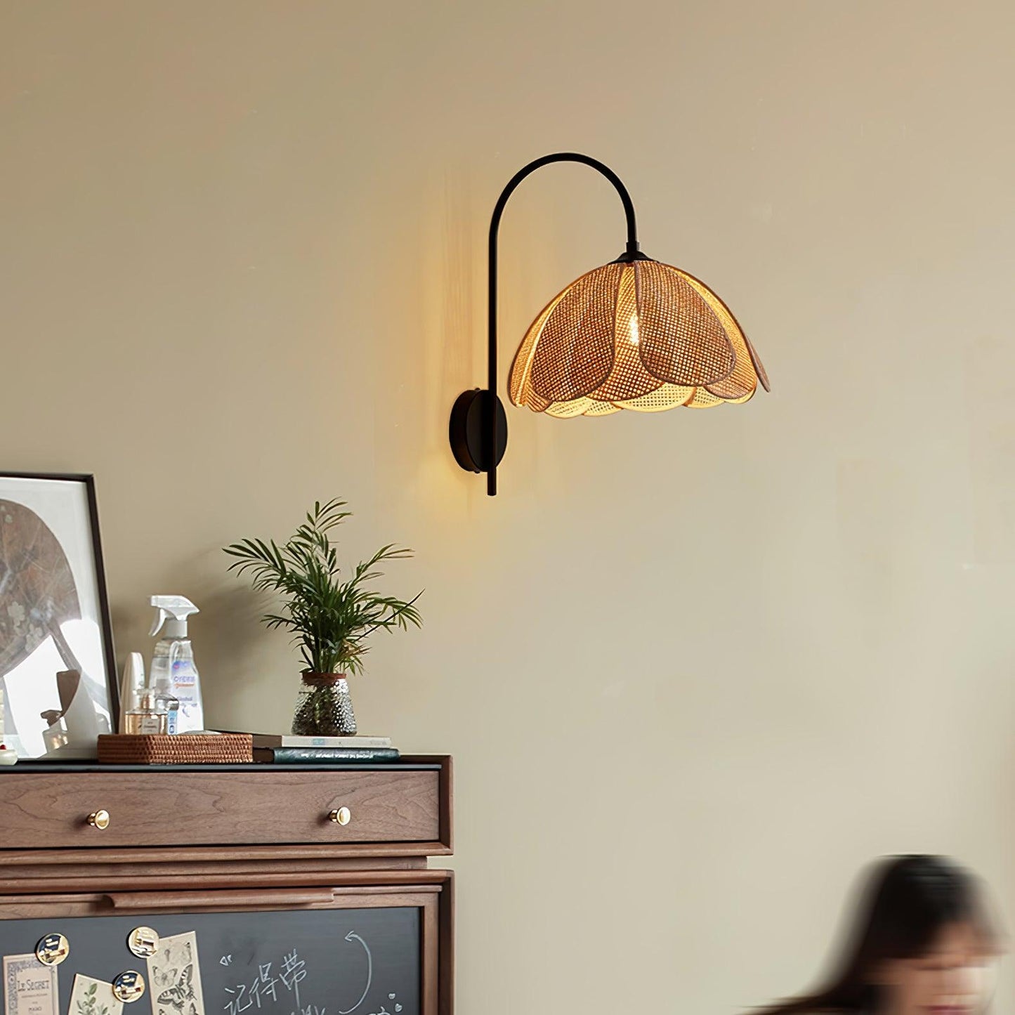 Rattan Wall Lamp | Petal-Shaped Sconce Lighting with Metal Base | Elegant Home Decor for Ambient Illumination 8