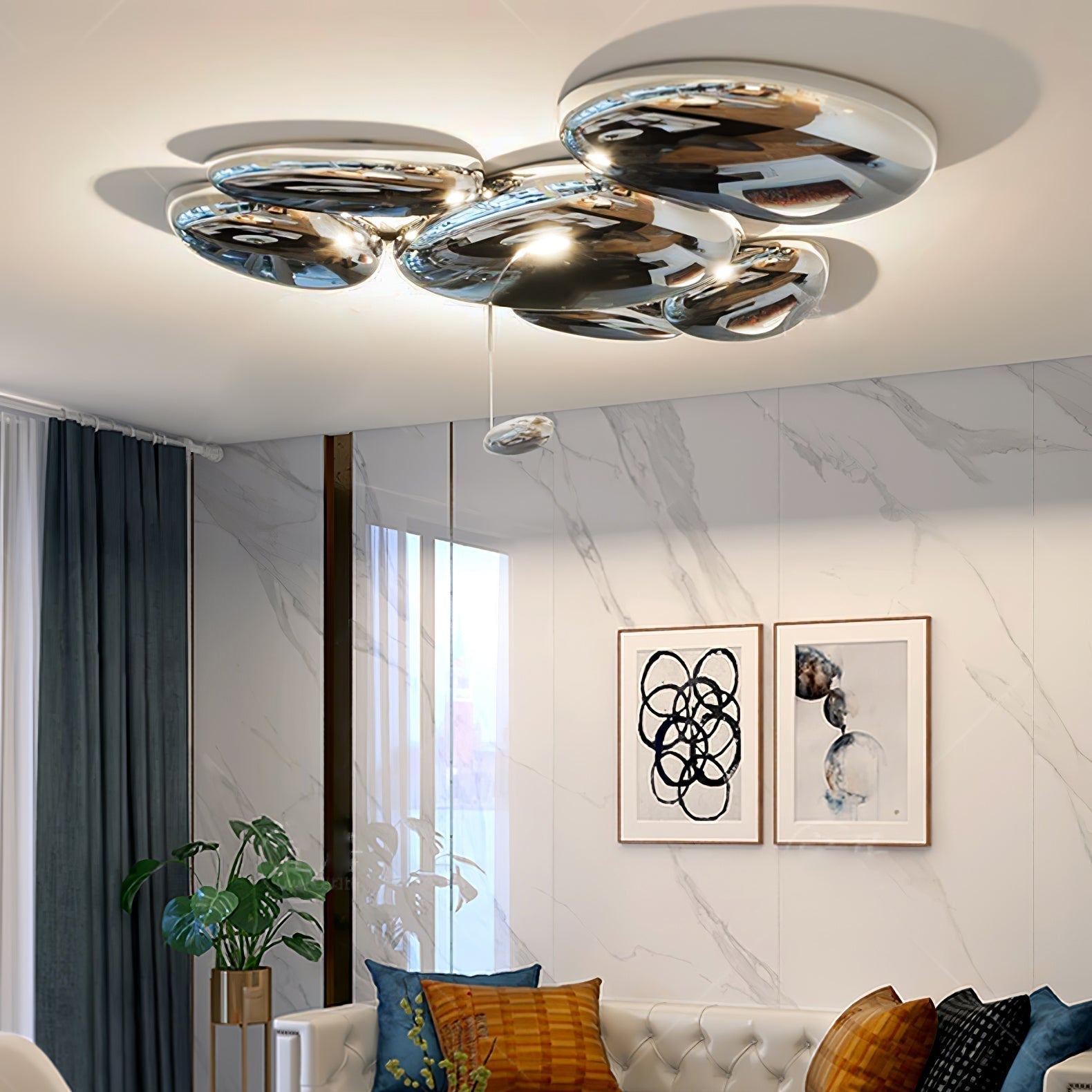 Skydro Organic Pebble Ceiling Light, Smoke Gray Chrome, 5 or 6 Heads | Dia108/143cm | Integrated LED, IP20