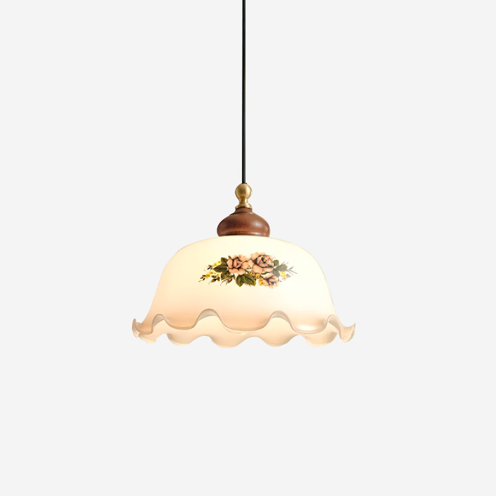 Vintage Floral Glass Pendant Light | Walnut/Black & White