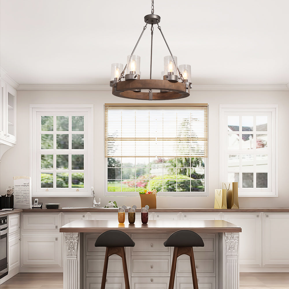 6-Light Wooden Wagon Wheel Light