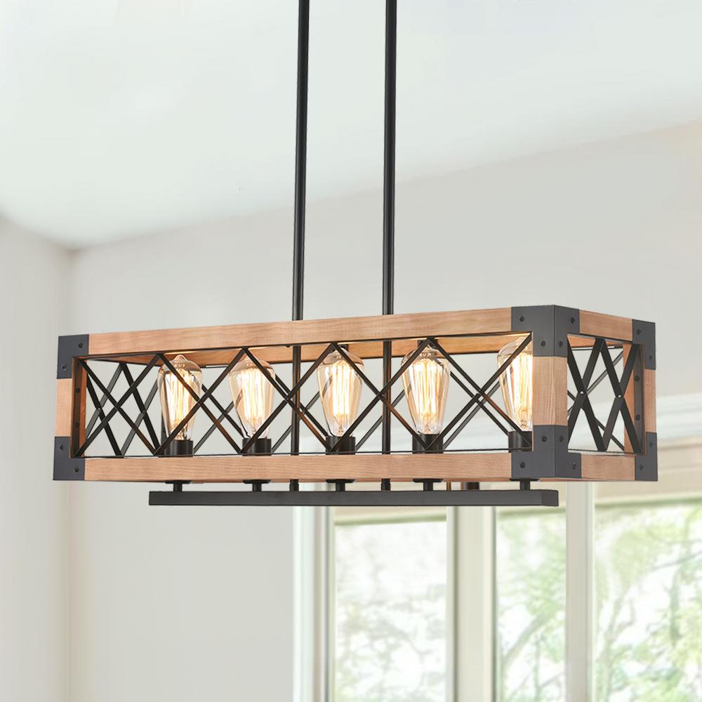 5-Light Wooden Rectangular Chandelier
