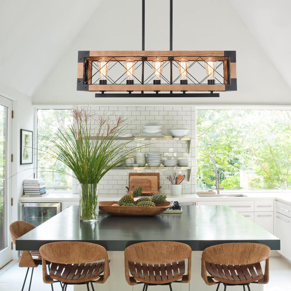 5-Light Wooden Rectangular Chandelier