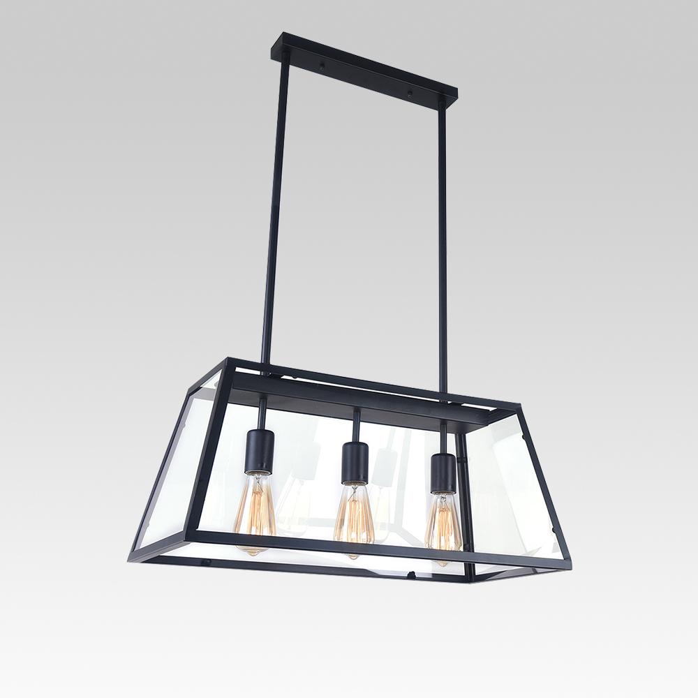 3-Light Black Rectangular Geometric Chandelier