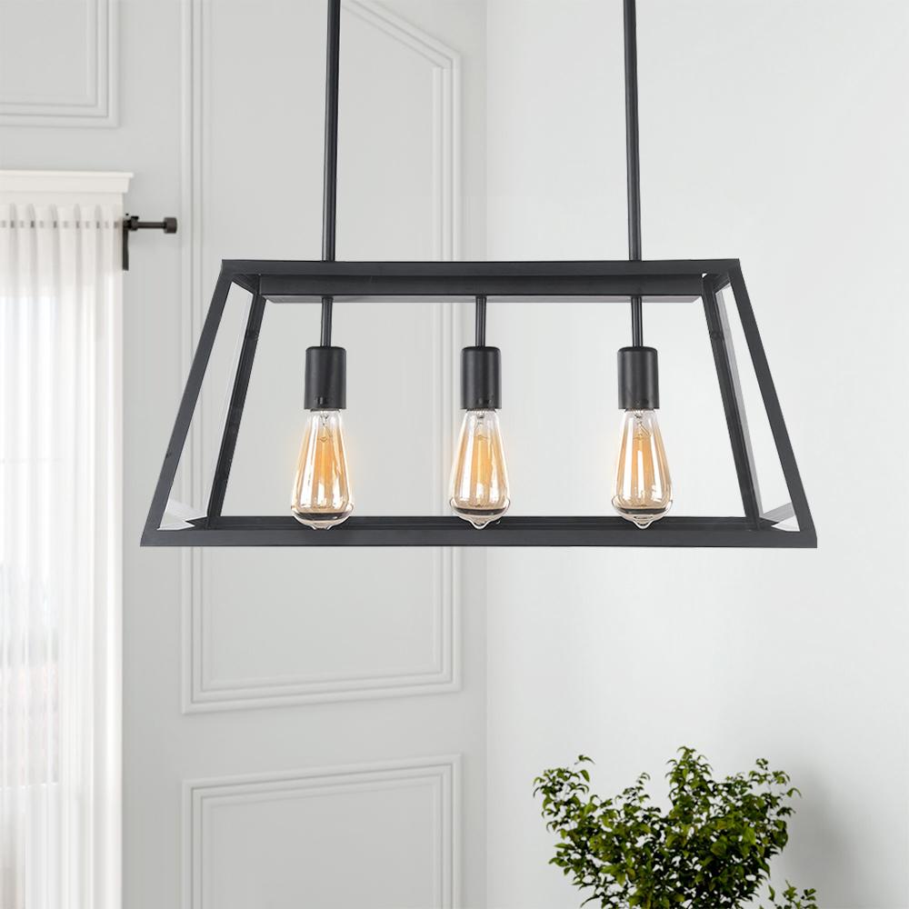 3-Light Black Rectangular Geometric Chandelier