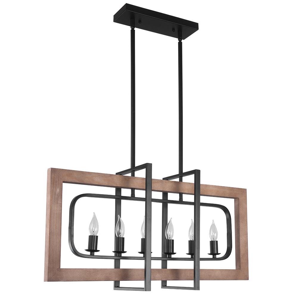 6-Light Black Wooden Rectangular Chandelier