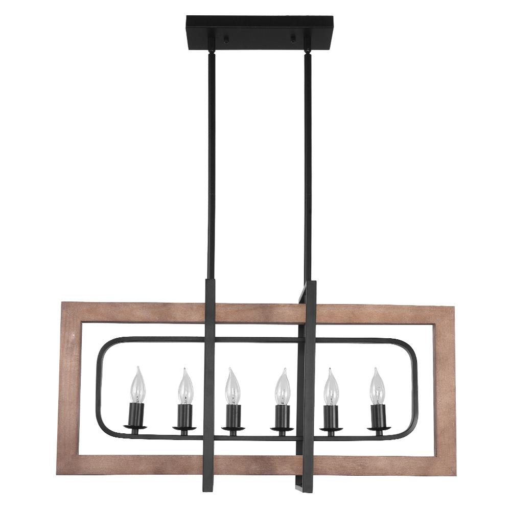 6-Light Black Wooden Rectangular Chandelier