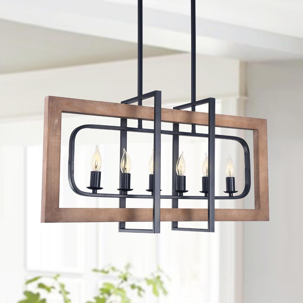 6-Light Black Wooden Rectangular Chandelier
