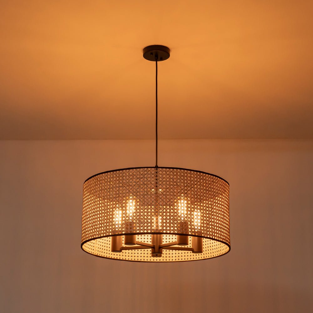 Boho Black Rattan Hollowed Drum Chandelier