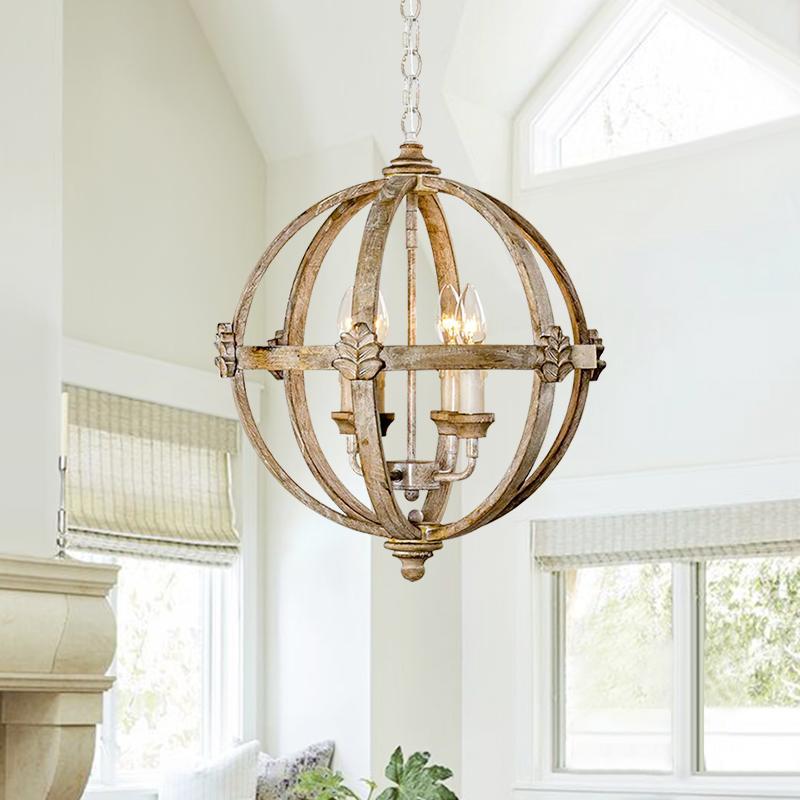4-Light Wood Orb Farmhouse Chandelier
