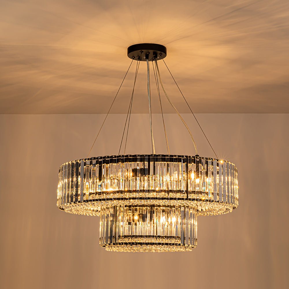 12-Light Tiered Round Drum Crystal Chandelier