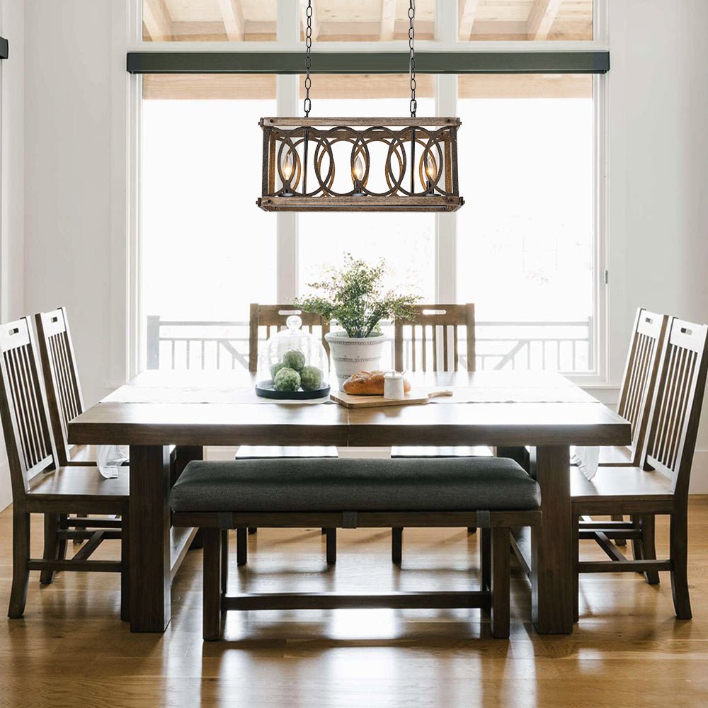 3-Light Rustic Grill Frame Wood Chandelier