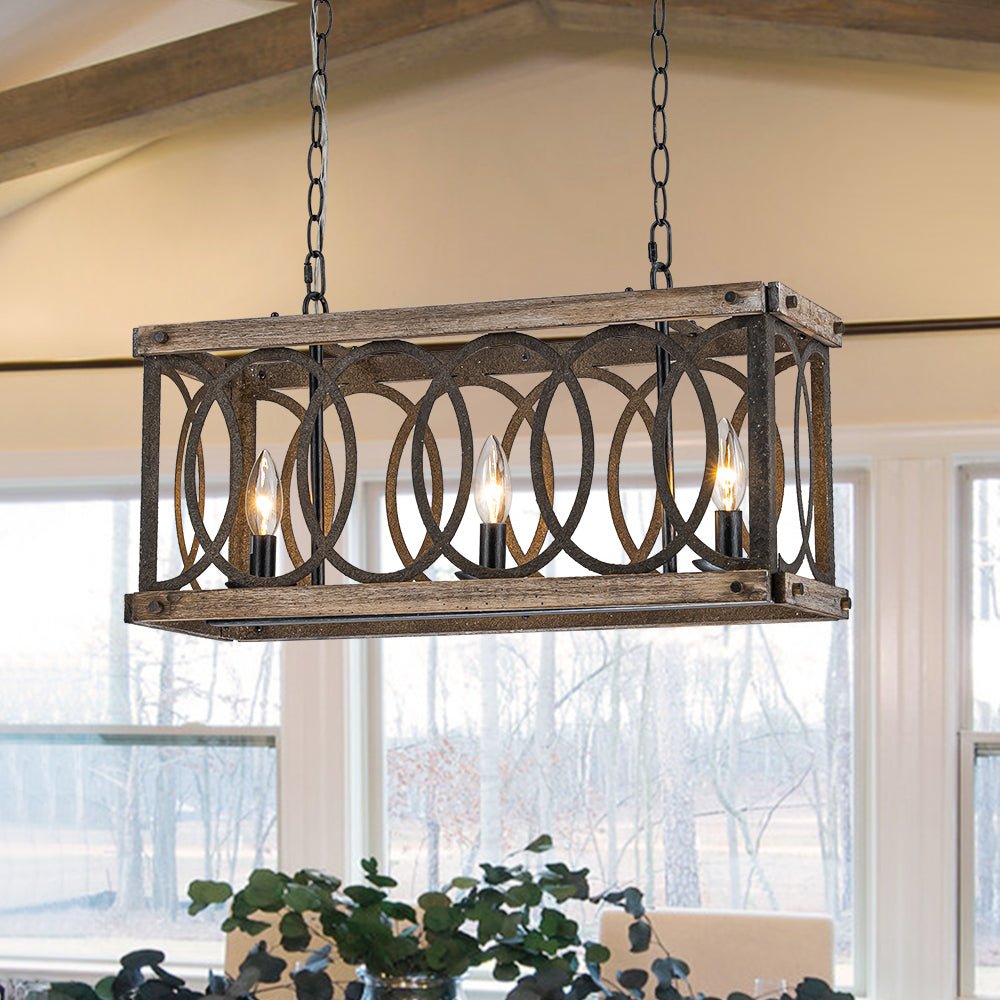 3-Light Rustic Grill Frame Wood Chandelier