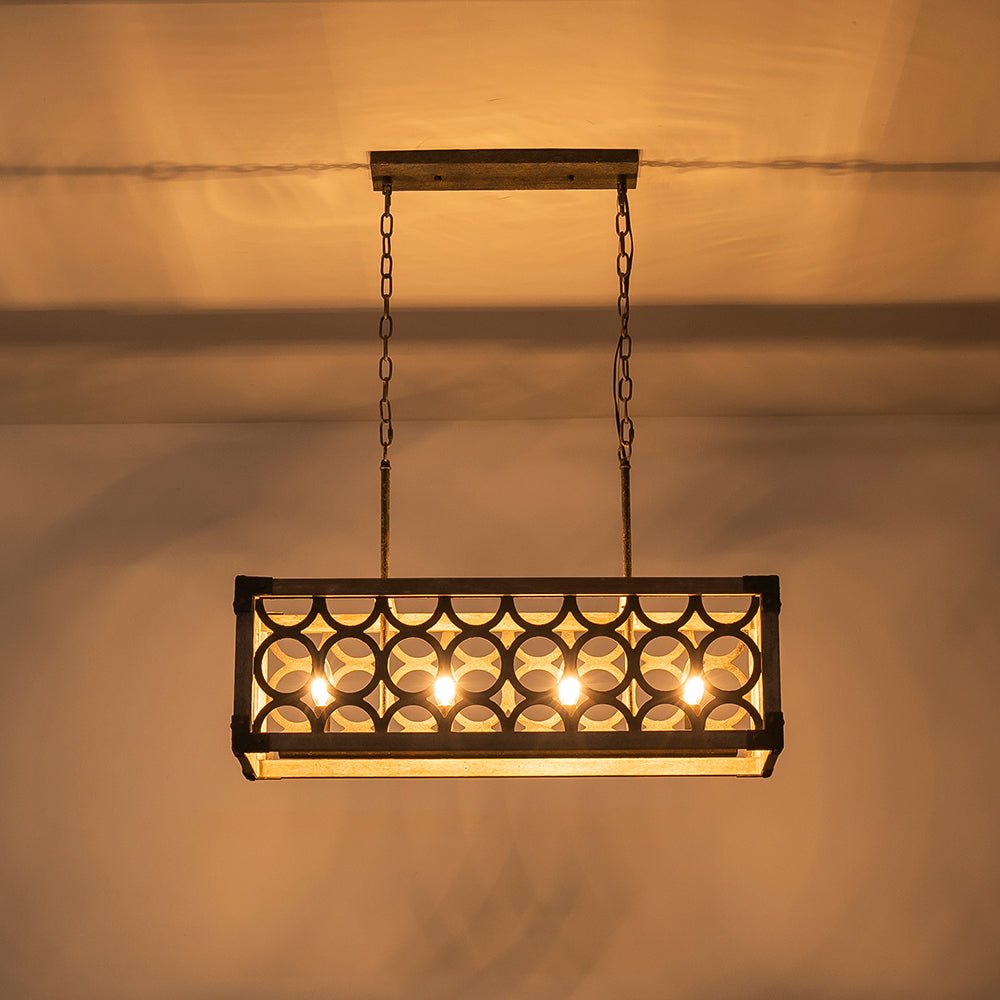 4-Light Grill Frame Wood Rectangular Chandelier