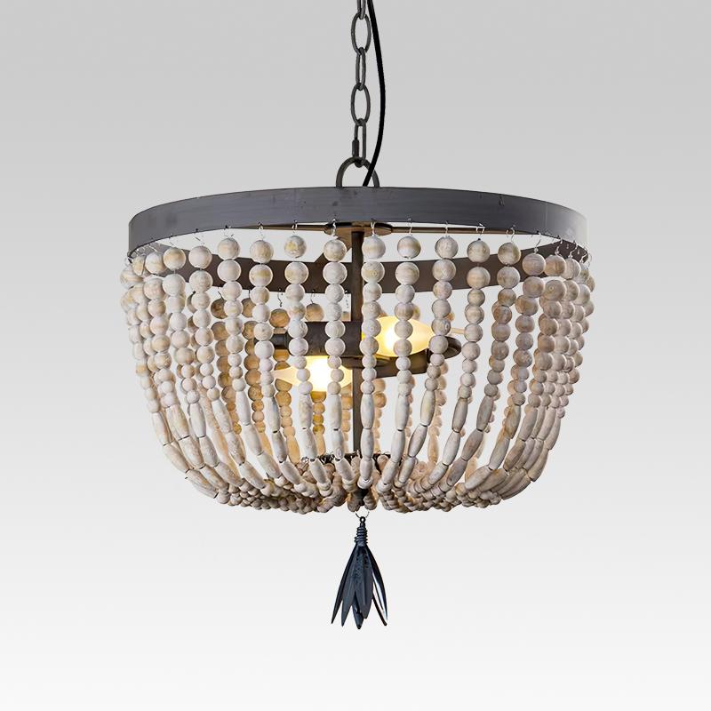 2-Light Wood Bead Farmhouse Chandelier
