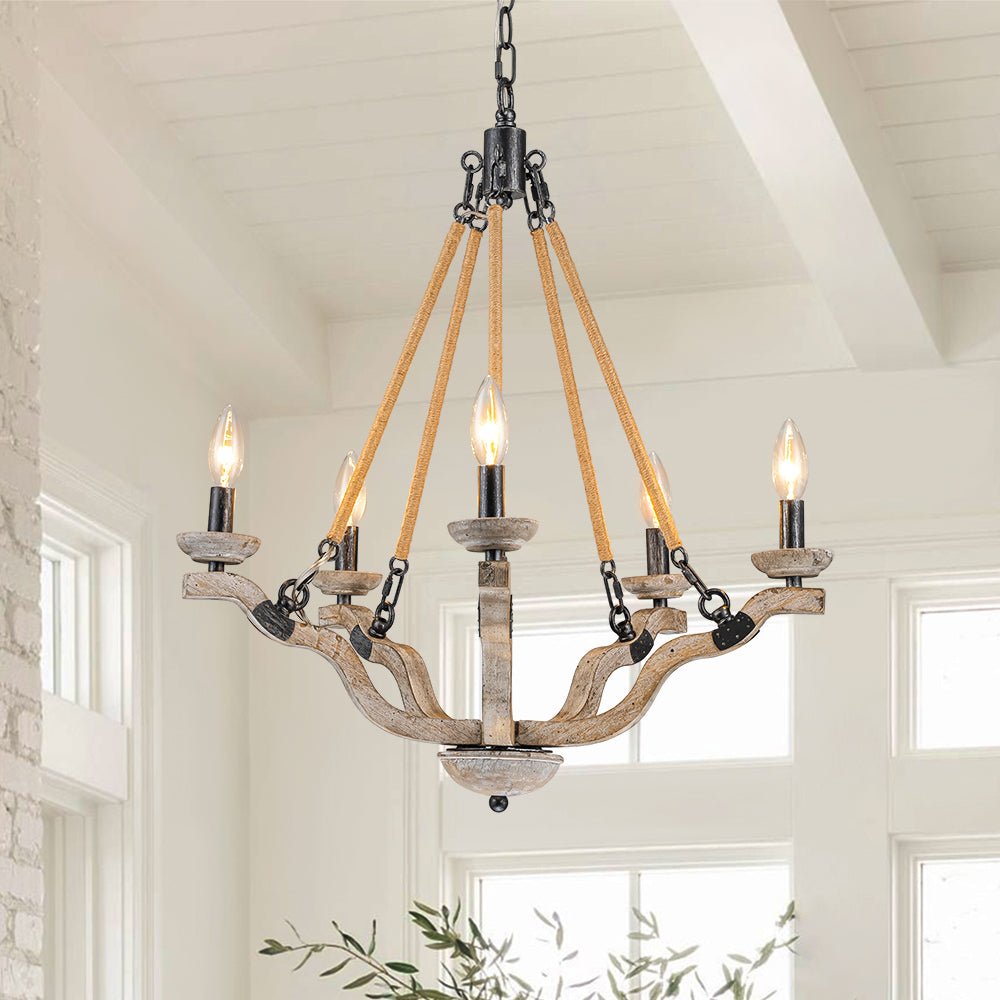 5-Light Hemp Rope Candle Style Wood Chandelier