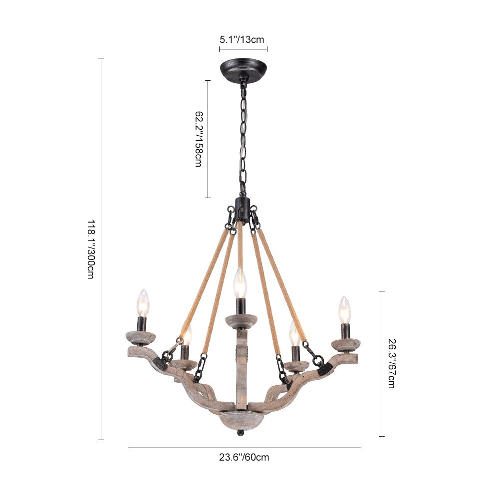 5-Light Hemp Rope Candle Style Wood Chandelier