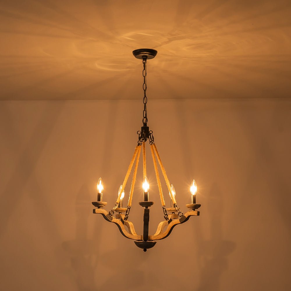 5-Light Hemp Rope Candle Style Wood Chandelier