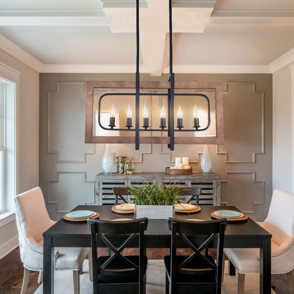 6-Light Black Wooden Rectangular Chandelier
