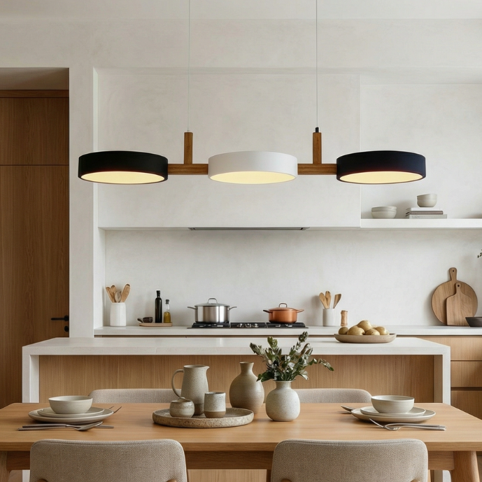 Architectural Pendant Light | Modern Multi-Light Design with Wood Accents | Stylish Illumination for Kitchen and Dining Spaces 0