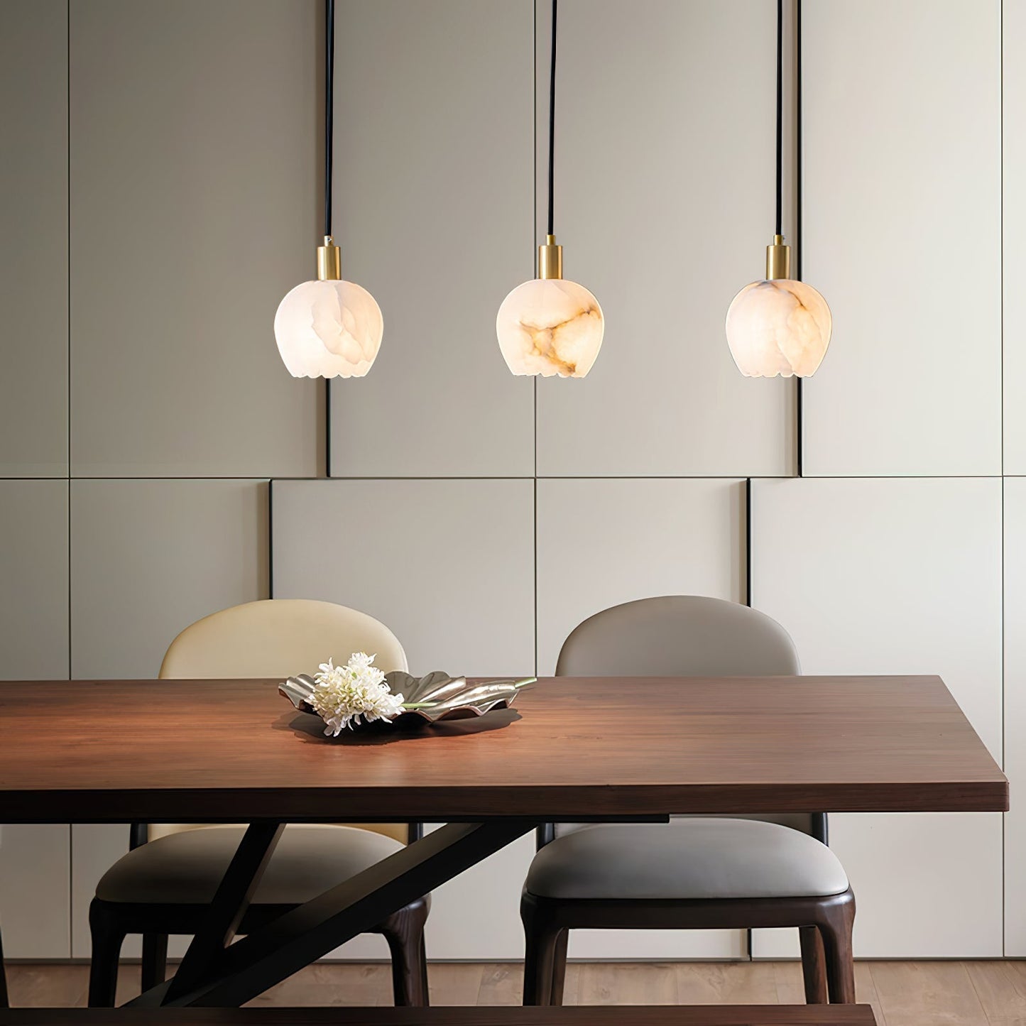 Elegant Alabaster Pendant Light with Patinated Brass Accents | Unique Floral Design for Stylish Interiors 2