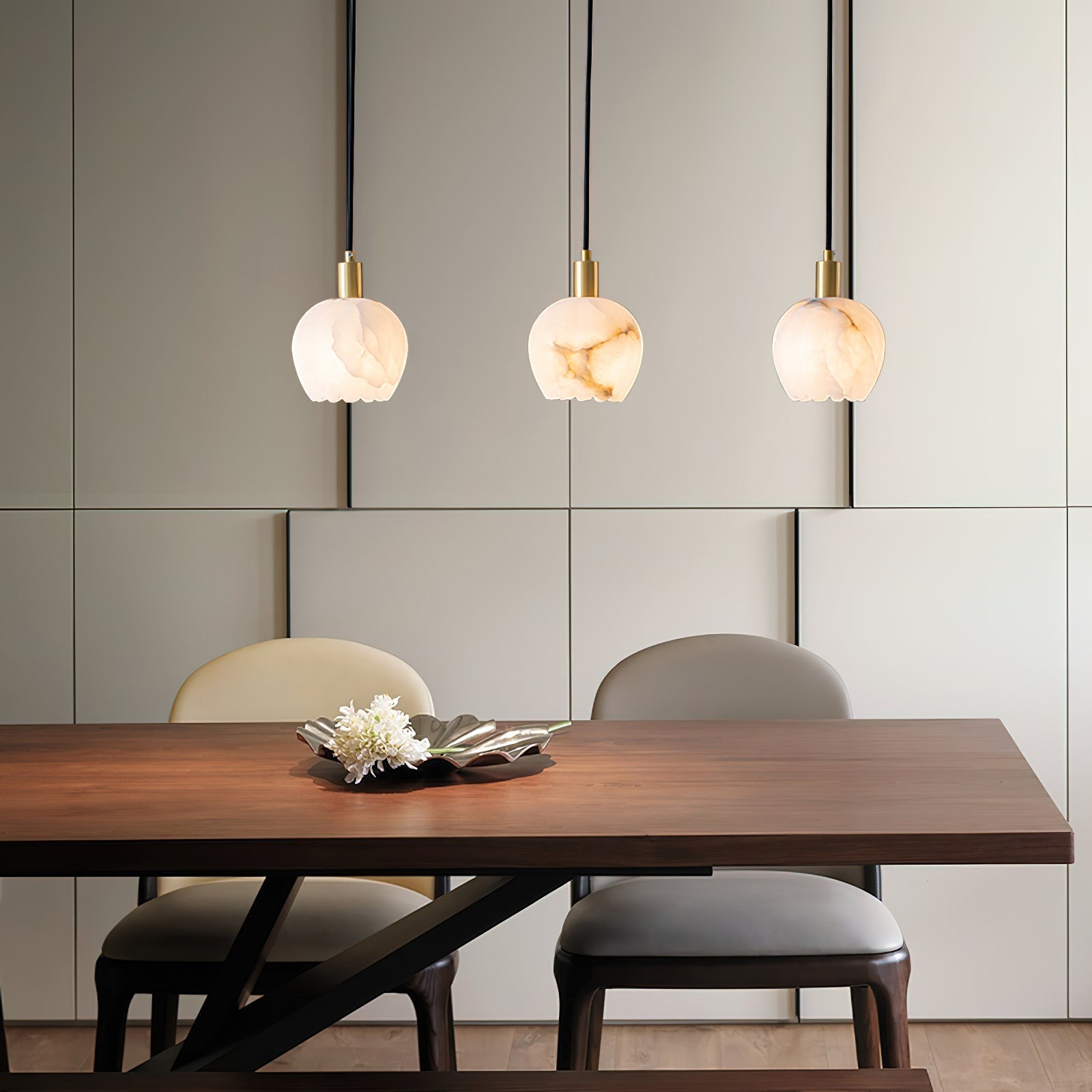 Elegant Alabaster Pendant Light with Patinated Brass Accents | Unique Floral Design for Stylish Interiors 2