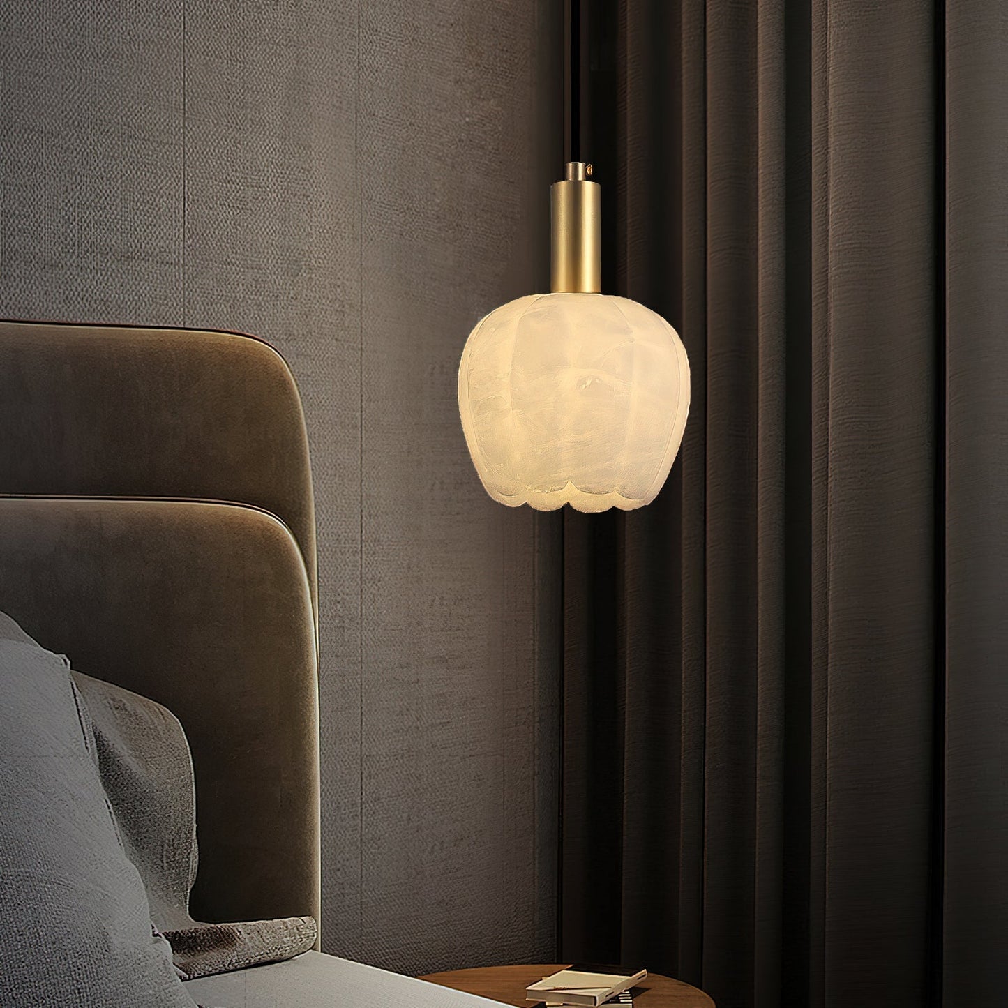 Elegant Alabaster Pendant Light with Patinated Brass Accents | Unique Floral Design for Stylish Interiors 3