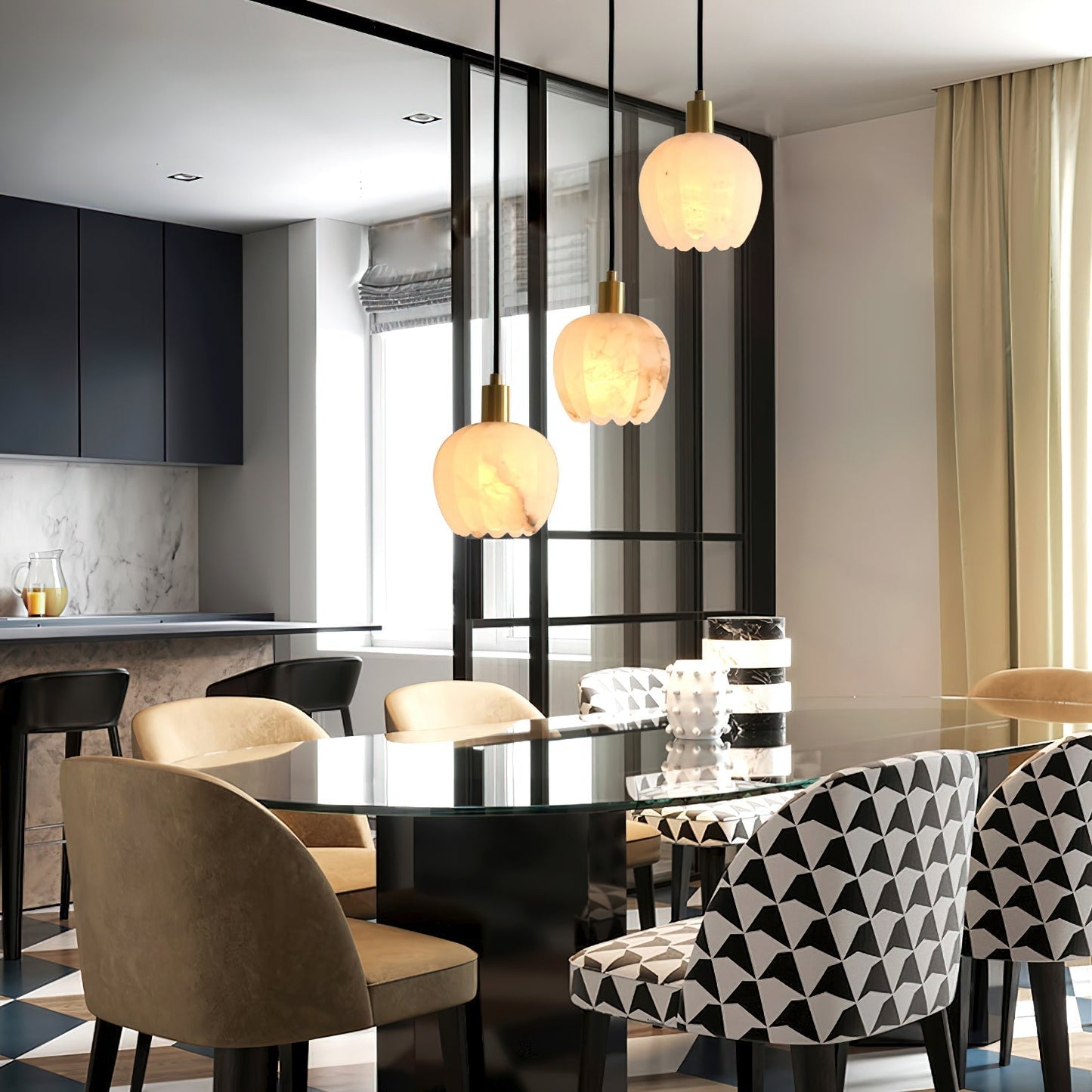 Elegant Alabaster Pendant Light with Patinated Brass Accents | Unique Floral Design for Stylish Interiors 4