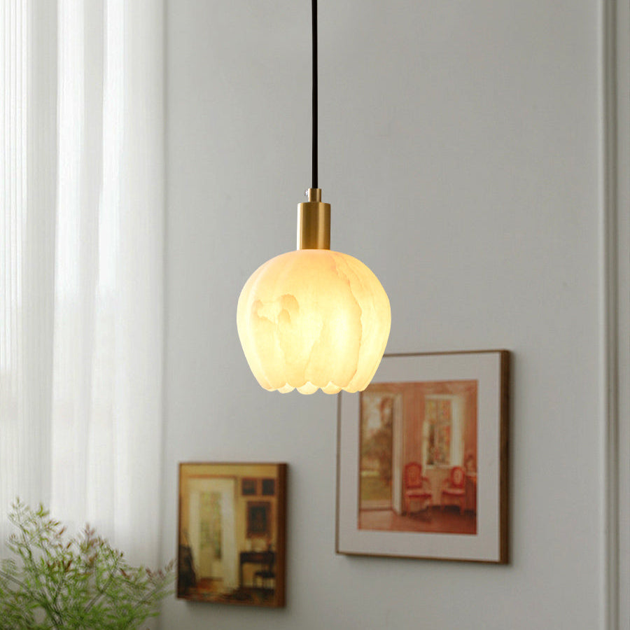 Elegant Alabaster Pendant Light with Patinated Brass Accents | Unique Floral Design for Stylish Interiors 5