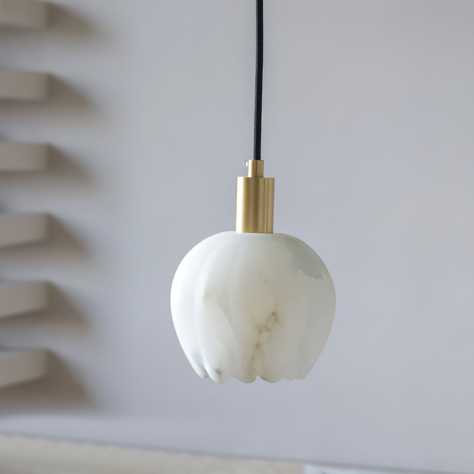 Elegant Alabaster Pendant Light with Patinated Brass Accents | Unique Floral Design for Stylish Interiors 6