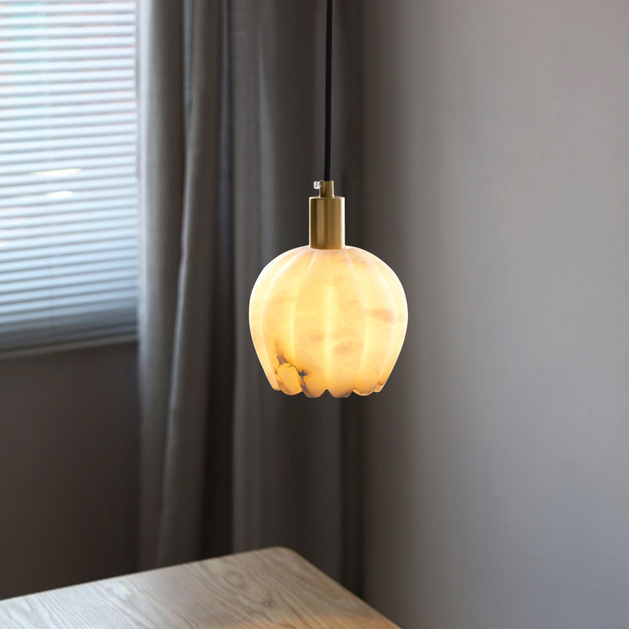 Elegant Alabaster Pendant Light with Patinated Brass Accents | Unique Floral Design for Stylish Interiors 7