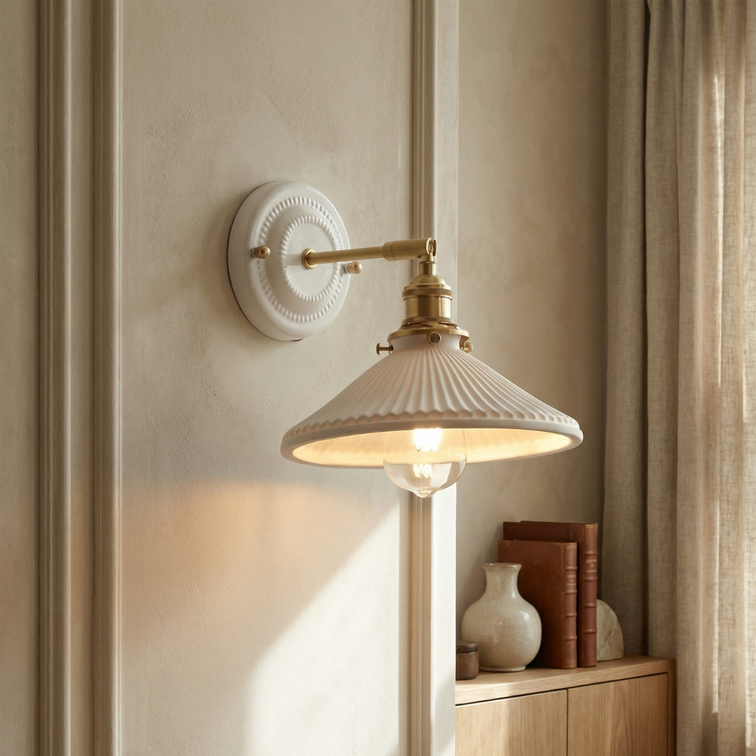 Elegant Ceramic Wall Sconce with Brass Accents | Soft Diffused Lighting for Cozy Spaces 0