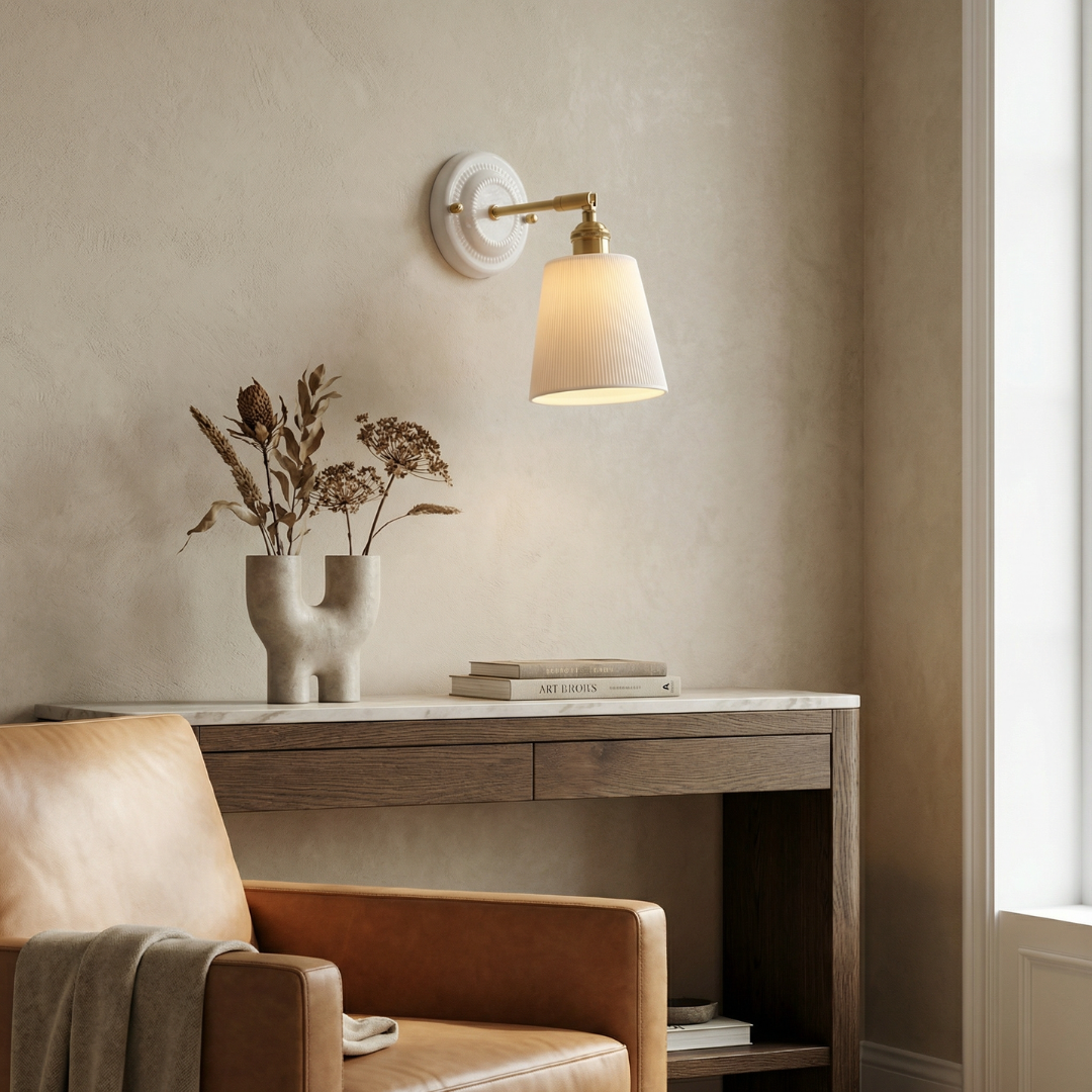 Elegant Ceramic Wall Sconce with Brass Accents | Soft Diffused Lighting for Cozy Spaces 3
