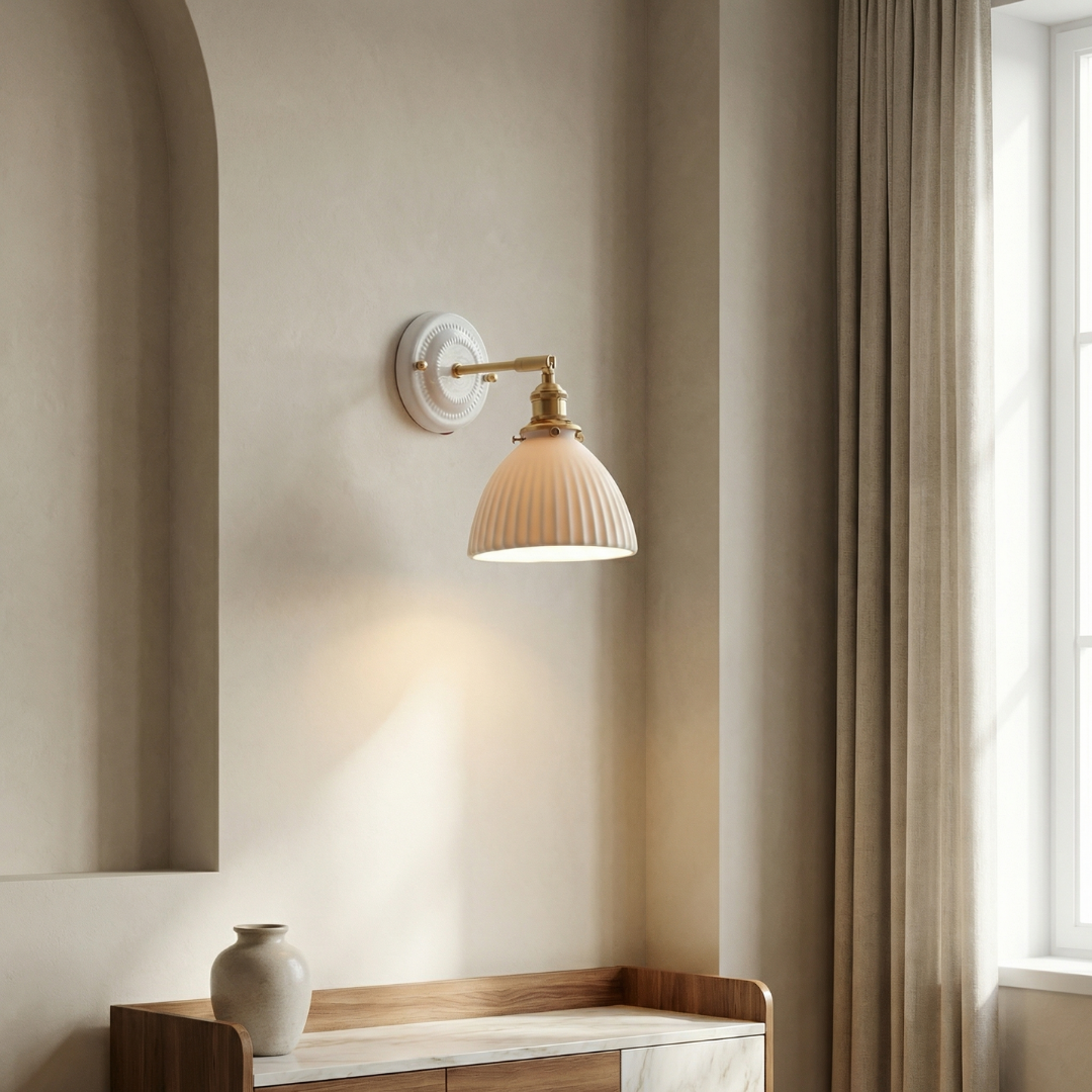 Elegant Ceramic Wall Sconce with Brass Accents | Soft Diffused Lighting for Cozy Spaces 6