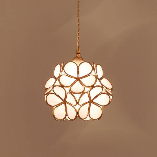 Elegant Glass Petal Pendant Light with Brass Accents | Vintage Floral Design for Warm Ambiance 0