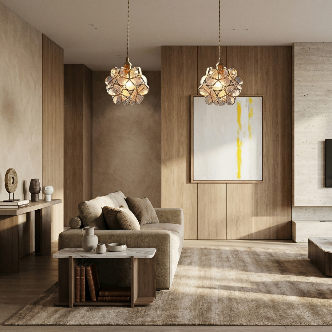 Elegant Glass Petal Pendant Light with Brass Accents | Vintage Floral Design for Warm Ambiance 1