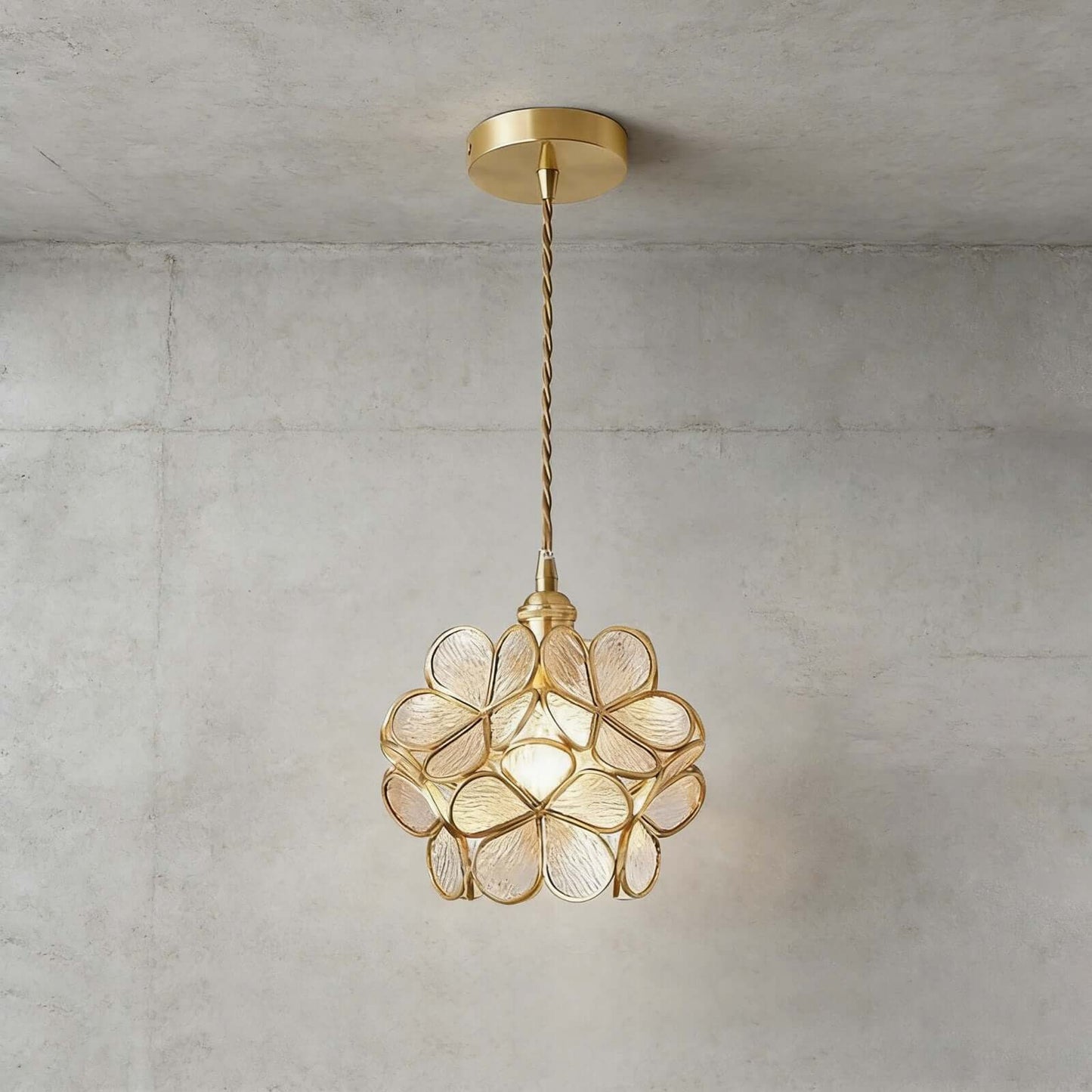Elegant Glass Petal Pendant Light with Brass Accents | Vintage Floral Design for Warm Ambiance 10