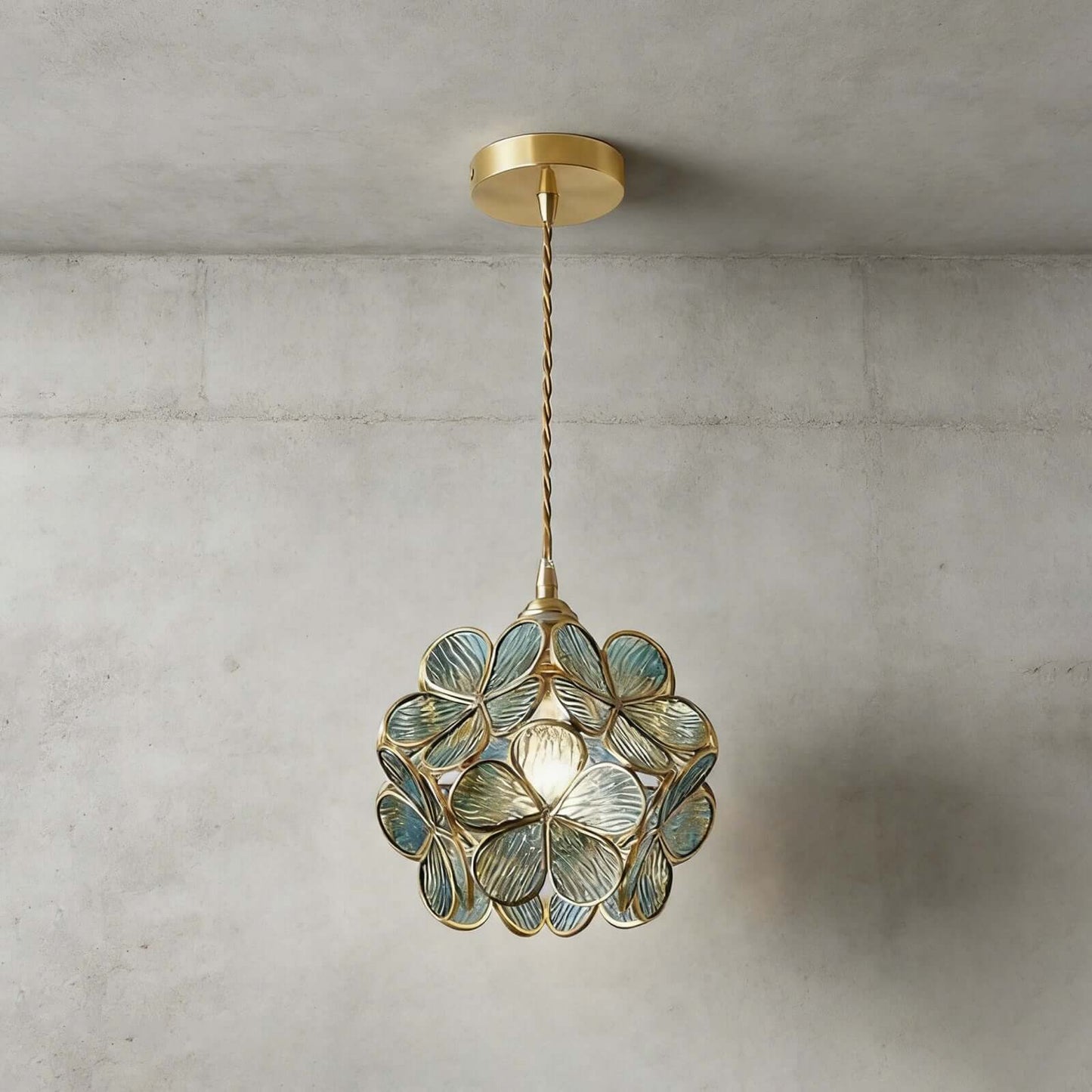 Elegant Glass Petal Pendant Light with Brass Accents | Vintage Floral Design for Warm Ambiance 11