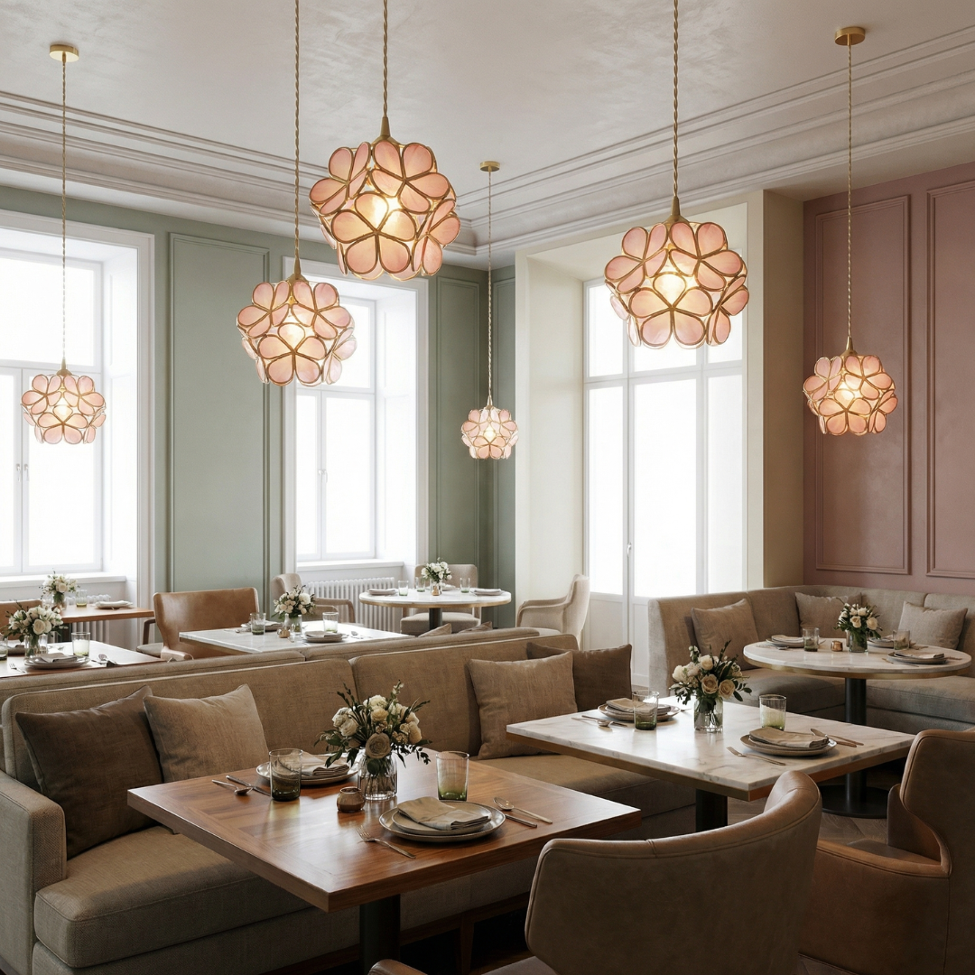 Elegant Glass Petal Pendant Light with Brass Accents | Vintage Floral Design for Warm Ambiance 3