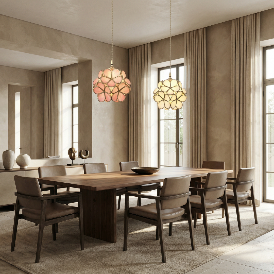 Elegant Glass Petal Pendant Light with Brass Accents | Vintage Floral Design for Warm Ambiance 4