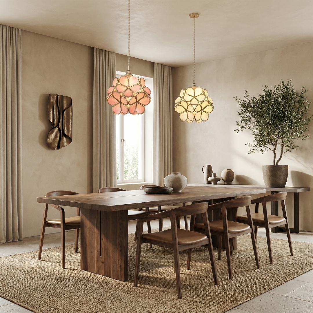 Elegant Glass Petal Pendant Light with Brass Accents | Vintage Floral Design for Warm Ambiance 5