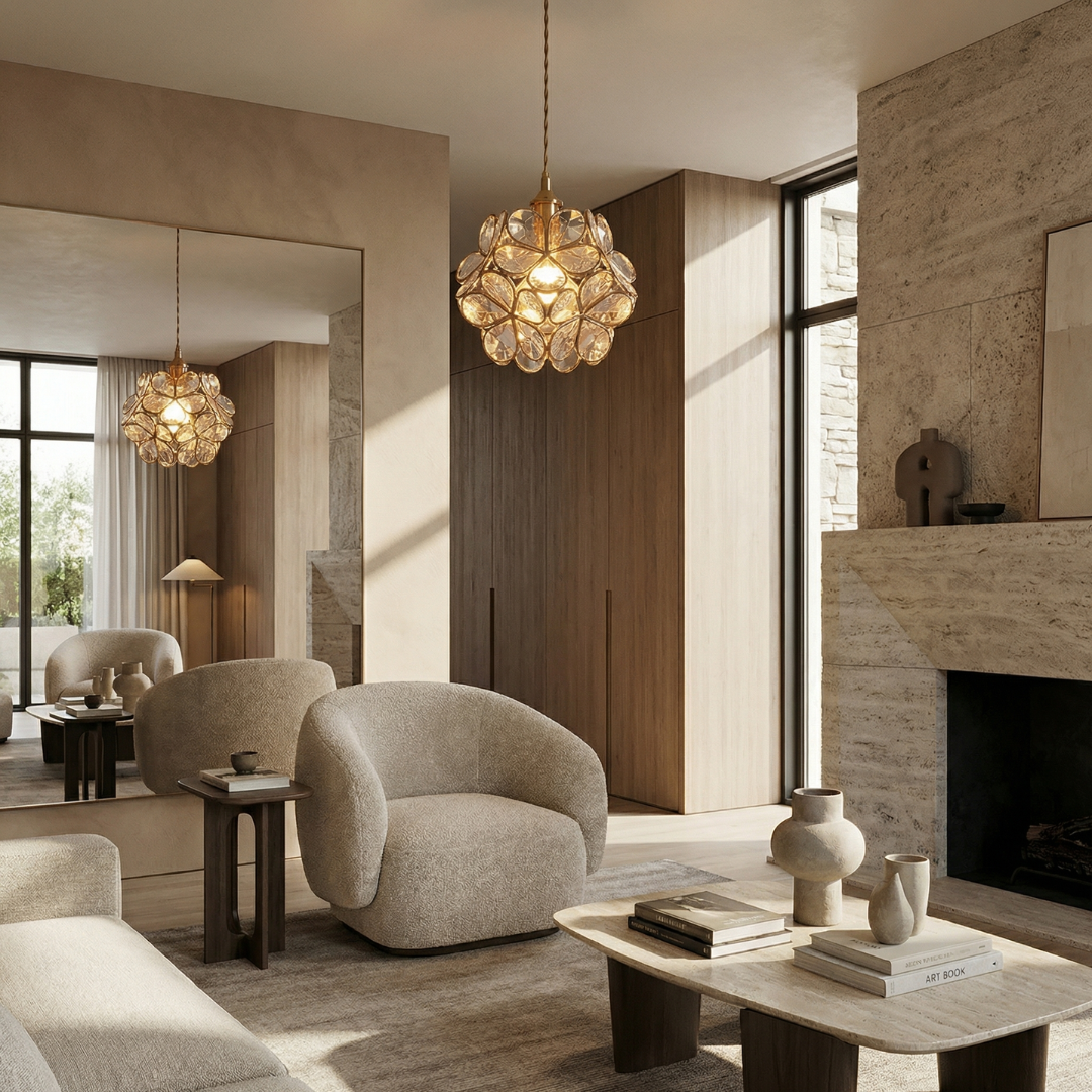 Elegant Glass Petal Pendant Light with Brass Accents | Vintage Floral Design for Warm Ambiance 6