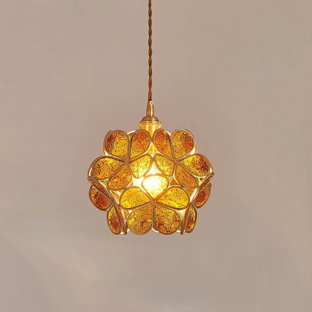 Elegant Glass Petal Pendant Light with Brass Accents | Vintage Floral Design for Warm Ambiance 7