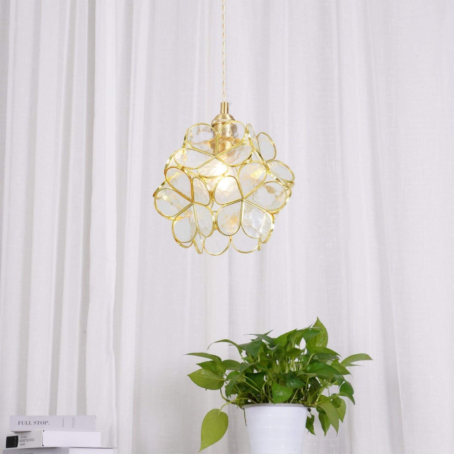 Elegant Glass Petal Pendant Light with Brass Accents | Vintage Floral Design for Warm Ambiance 8